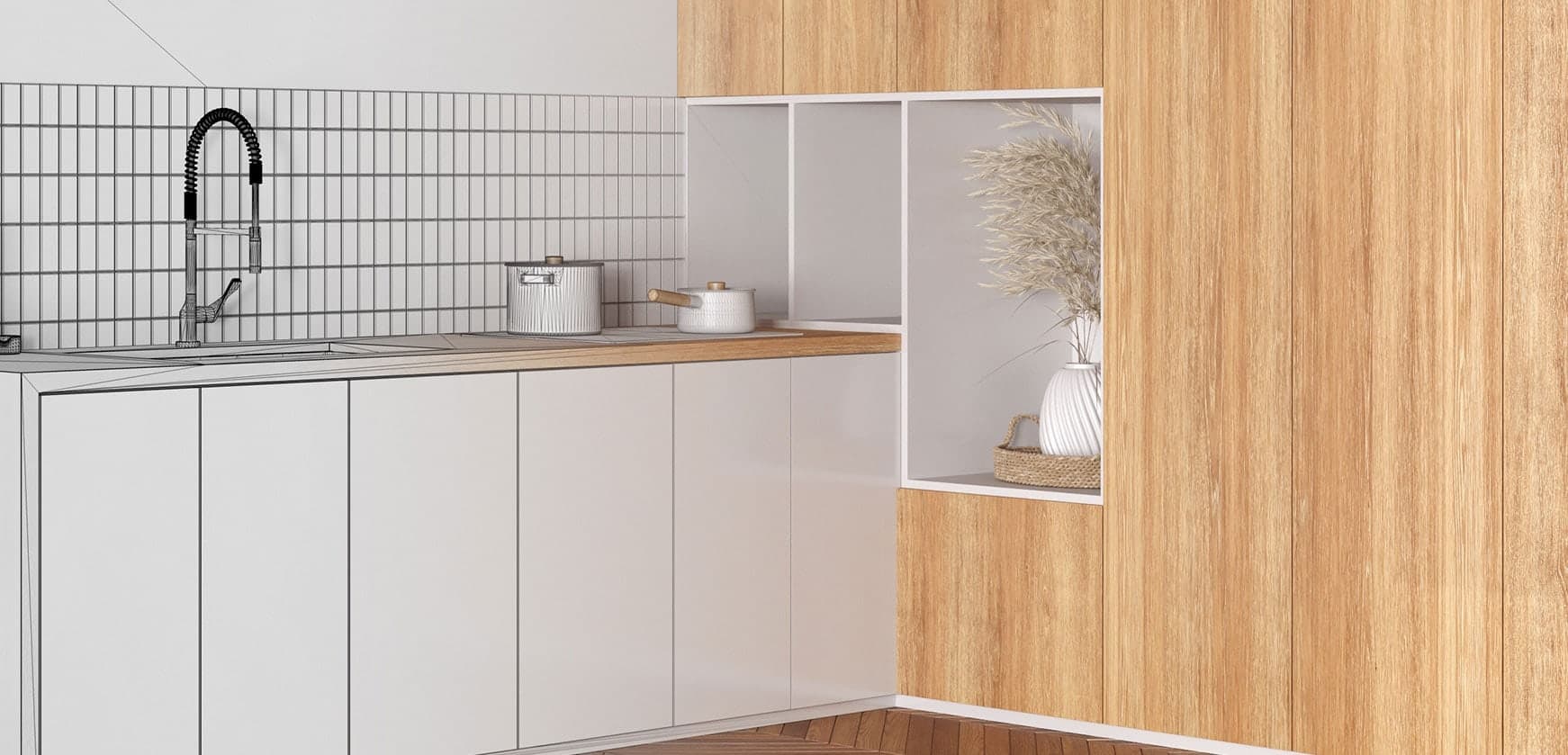 Kitchen renovation by RB Thomas — design render transitioning to finished build
