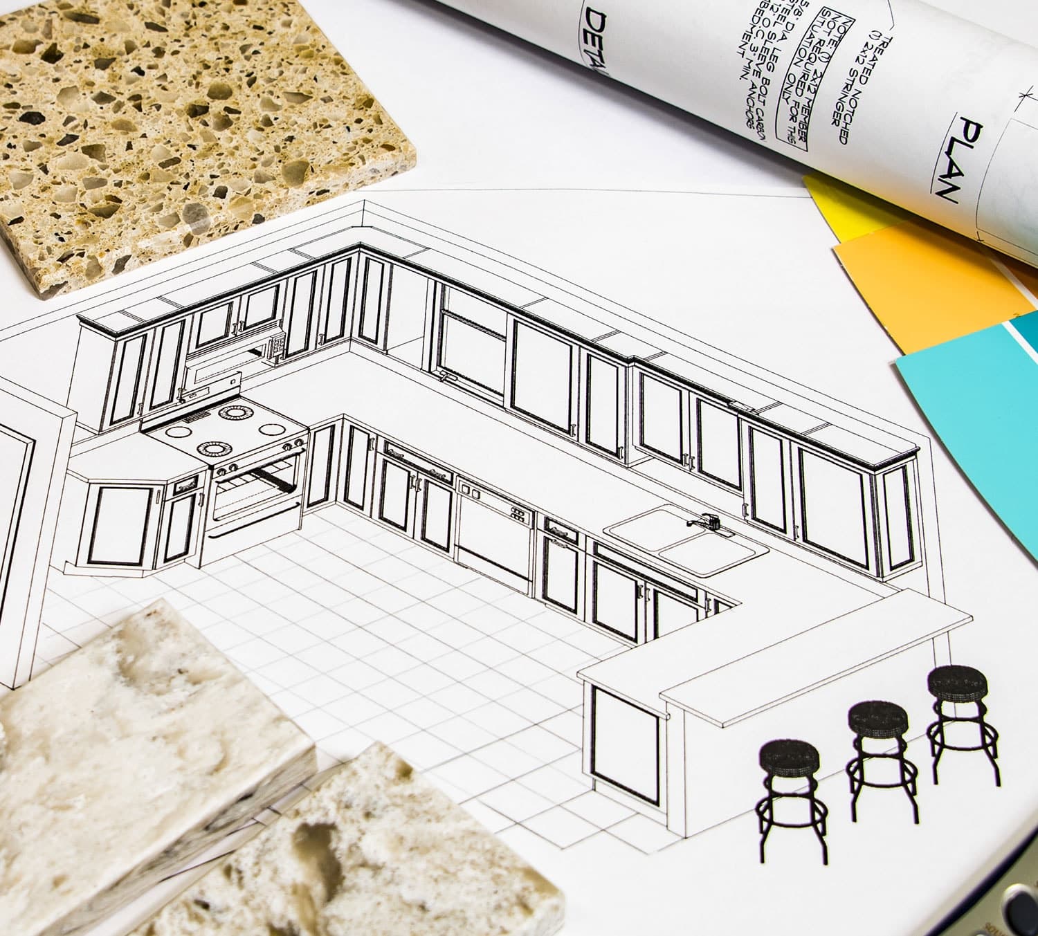 Kitchen floor plan with stone benchtop samples and rolled plans