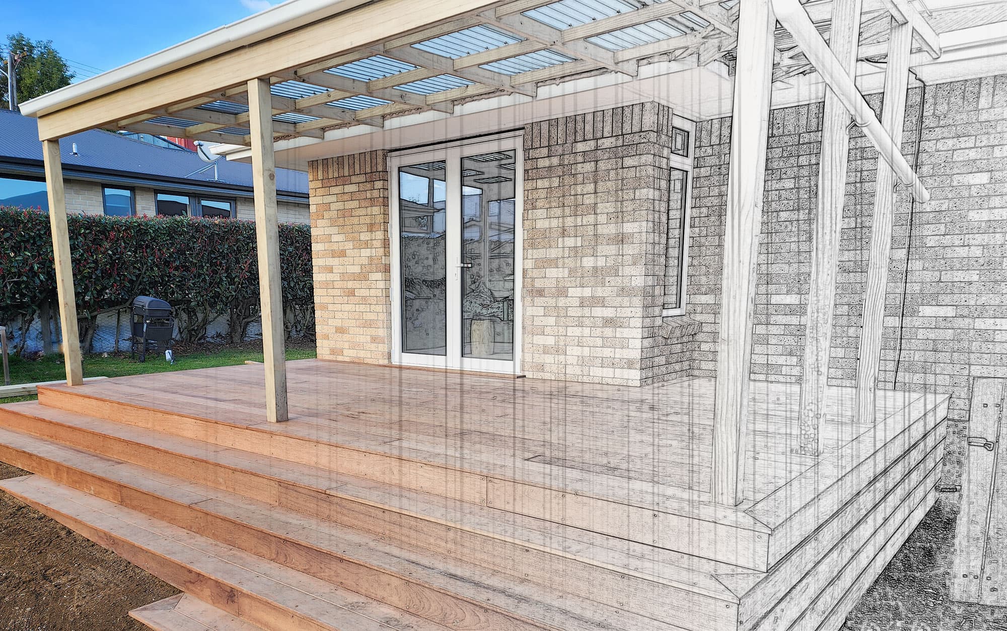 Outdoor deck and patio by RB Thomas — design render transitioning to finished build