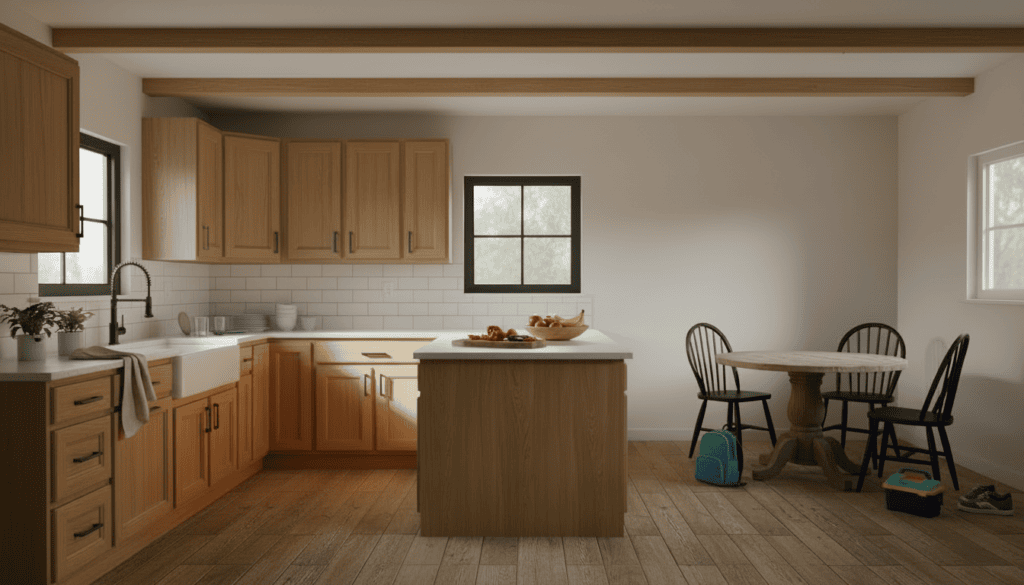 Timber kitchen with an island and adjoining dining area