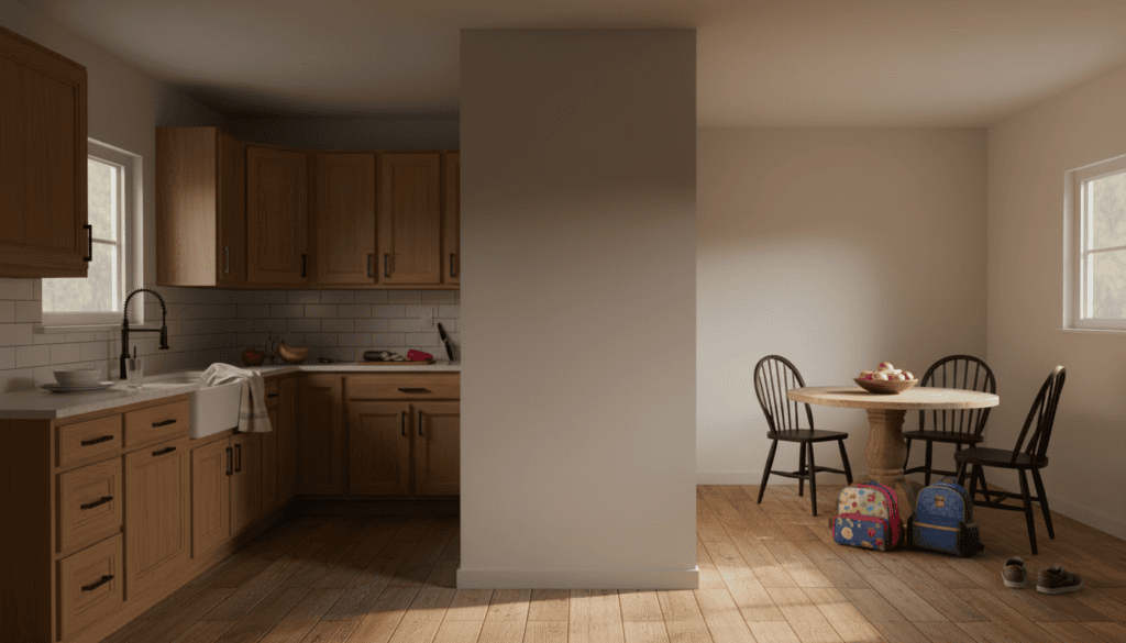 Kitchen separated from the dining area by a partition wall