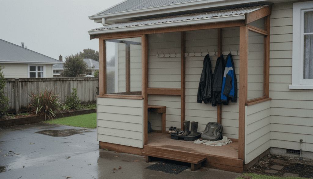 Covered entry porch added to a weatherboard home