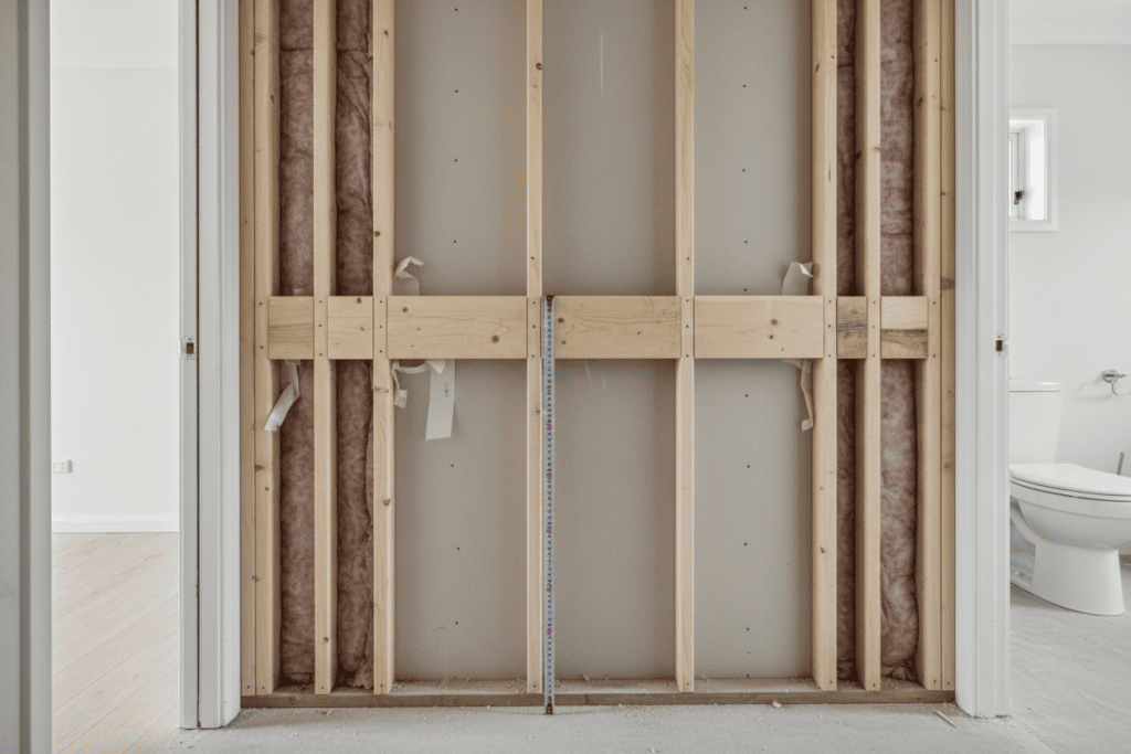 Exposed wall framing and insulation during a renovation