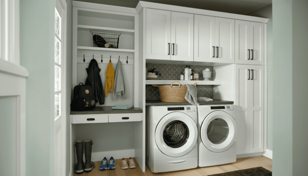 Laundry and mudroom with washer, dryer and built-in storage