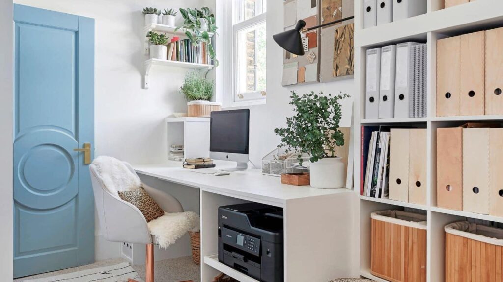 Home office with a tidy desk and good natural light