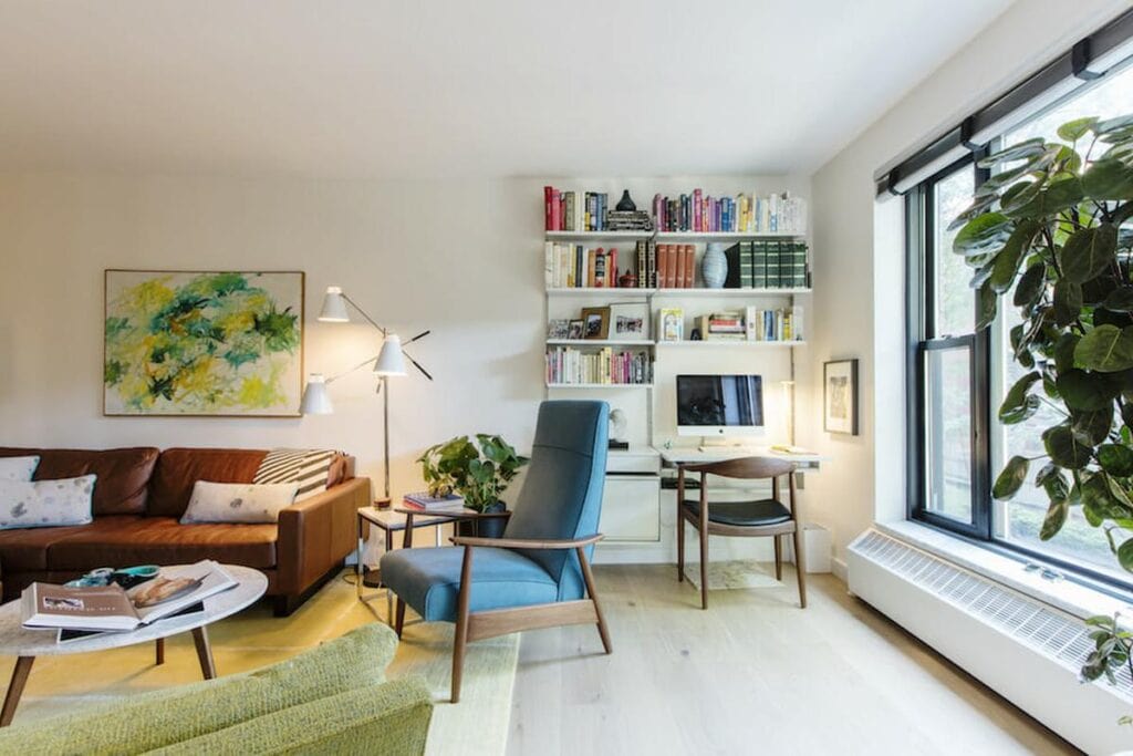 Work nook tucked into the corner of a living area